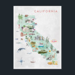 Carte postale Vintage voyage | Californie<br><div class="desc">Un art parfait pour tous ceux qui aiment la Californie. Avec l'aquarelle carte illustrée de tous les points de repère préférés. Ajoutez votre libellé personnalisé à cette conception à l'aide des cases "Modifier ce modèle de conception" situées à droite de l'élément ou cliquez sur le bouton bleu "Customiser" pour arranger...</div>