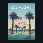 Carte Postale Vintage voyage d'Affiches de bienvenue Las Vegas<br><div class="desc">Illustration de l'affiche de voyage Retro Las Vegas Nevada qui présente une vue de l'emblématique panneau Welcome To Fabulous Las Vegas Nevada entouré de deux palmiers luxuriants. Un aperçu de la célèbre bande de Las Vegas peut également être vu dans l'arrière - plan. Ce design vintage vous rappellera des affiches...</div>