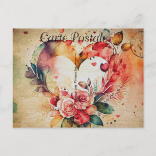 Carte Postale Vintage Watercolor Heart & Flowers