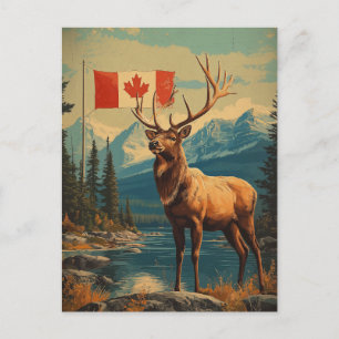 Carte Postale Vintage Weisswedelhirsch au Canada avec drapeau