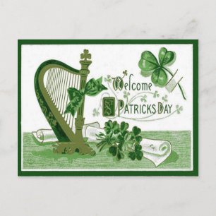 Carte Postale Vintage Welcome Shamrock Harp St Patrick's Day