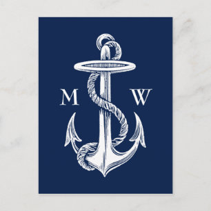 Carte Postale Vintage White Anchor Rope Navy Blue Background