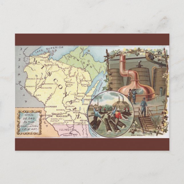 Carte Postale Vintage Wisconsin Map (Devant)