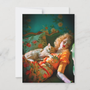 Carte Postale Vintage Woman and Cat Wall Art - Romantique Floral