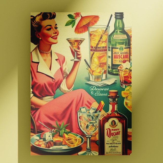 Carte Postale Vintage Woman Boit Des Cocktails Illustration (Créateur téléchargé)