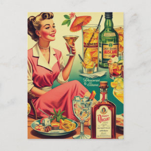 Carte Postale Vintage Woman Boit Des Cocktails Illustration