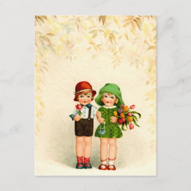 Carte Postale Vintage zwei Kinder und Blumen (Devant)
