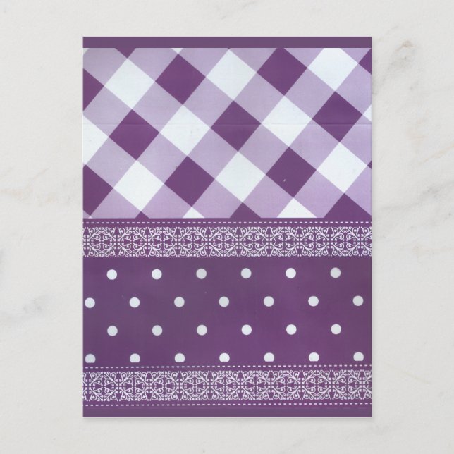 Carte Postale Violet blanc À damiers Polka Dot Floral Damask Art (Devant)