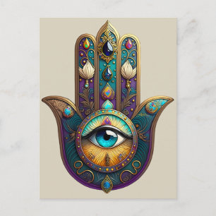 Carte Postale Violet sarcelle doré Hamsa avec troisième œil turq