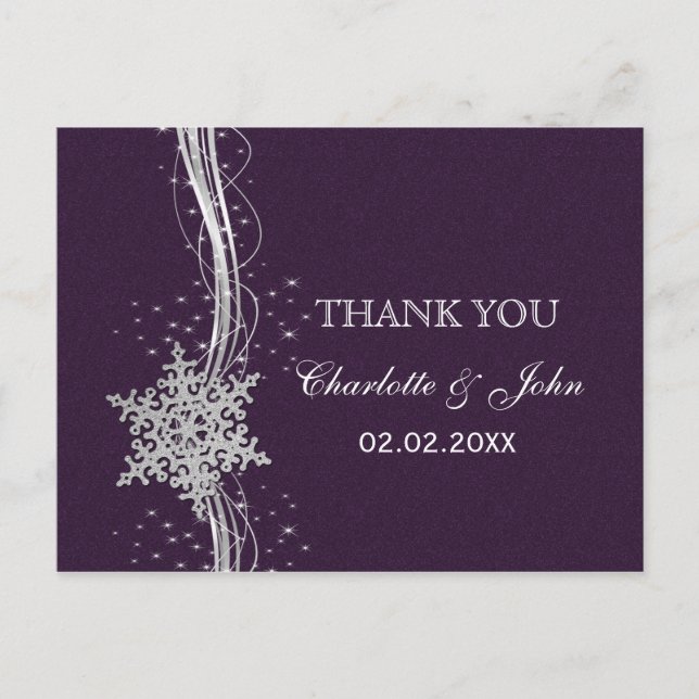 Carte Postale violet Silver Snowflakes Merci de mariage hivernal (Devant)
