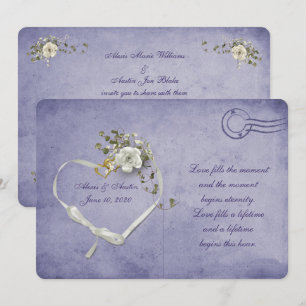 carte postale violette à coeur rose et ruban blanc
