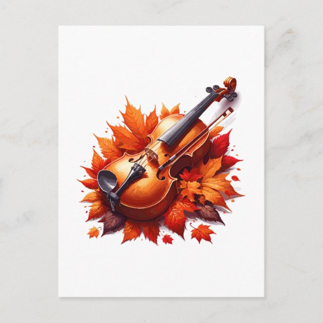 Carte Postale Violon dans le lit de feuilles (Devant)