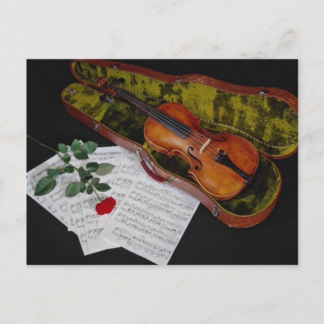 Carte Postale Violon et rose rouge sur arrière - plan noir (Devant)