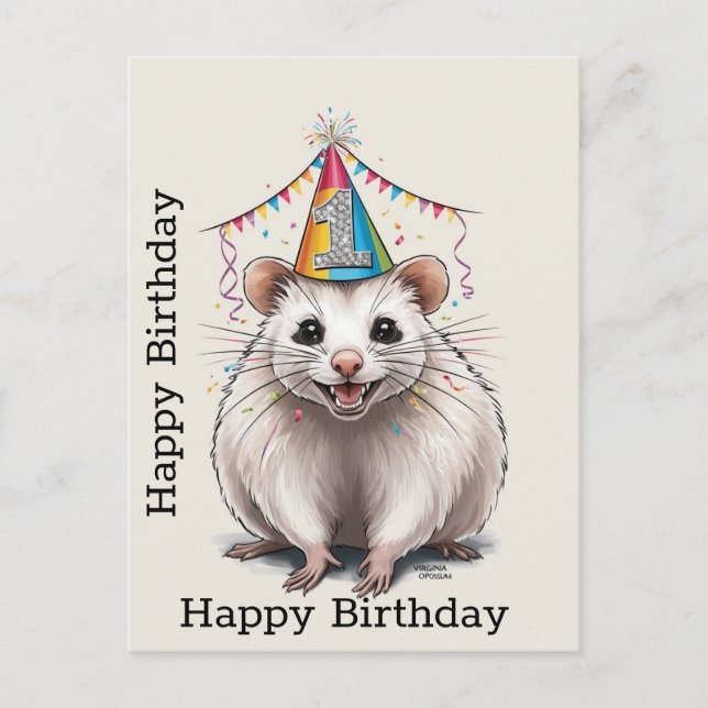 Carte Postale Virginia Opossum portant le casquette d'anniversai (Devant)