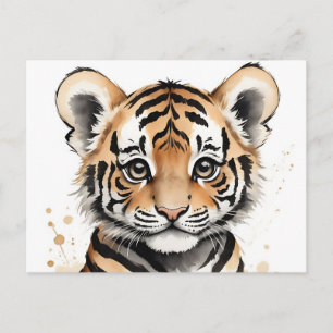 Carte Postale Visage de bébé tigre minimaliste à l'encre et à l'