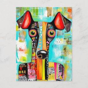 Carte Postale visage de chien pop‑art décalé en couleurs vives, 