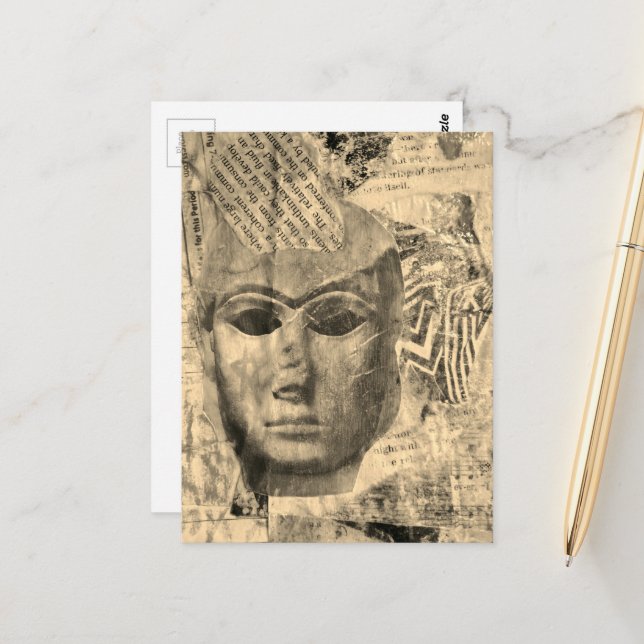 Carte Postale Visage de dame en pierre Collage de médias mixtes  (Devant/Arrière en situation)