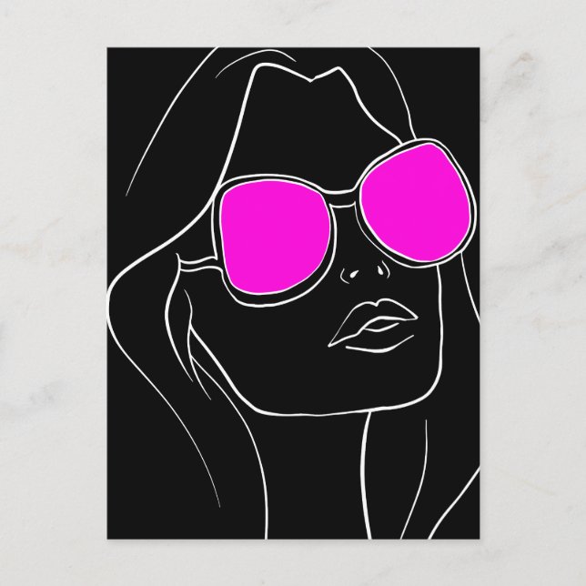Carte Postale Visage de femme rétro avec lunettes de soleil rose (Devant)