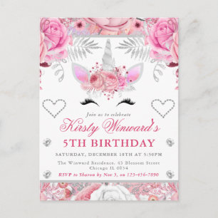 Carte Postale Visage de Licorne Rose Argent Fille Enfants Annive