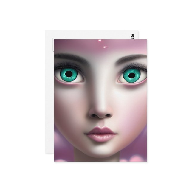 Carte Postale Visage des yeux verts dans les nuages roses (Devant/Arrière en situation)