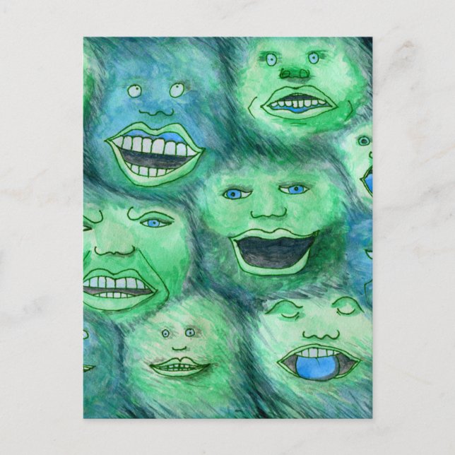 Carte Postale Visages Drôle. Monstres de dessin amusants. Vert. (Devant)