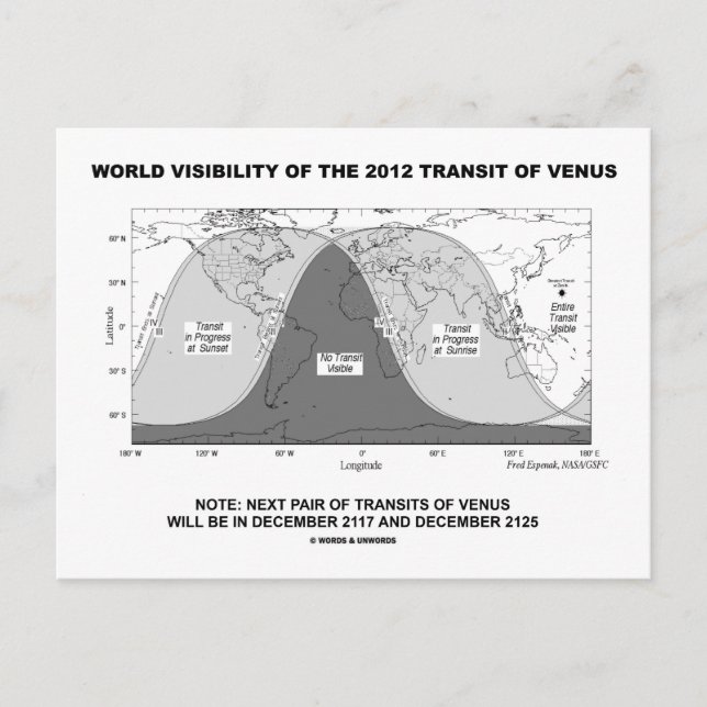 Carte Postale Visibilité Mondiale Du Transit De Vénus En 2012 (Devant)