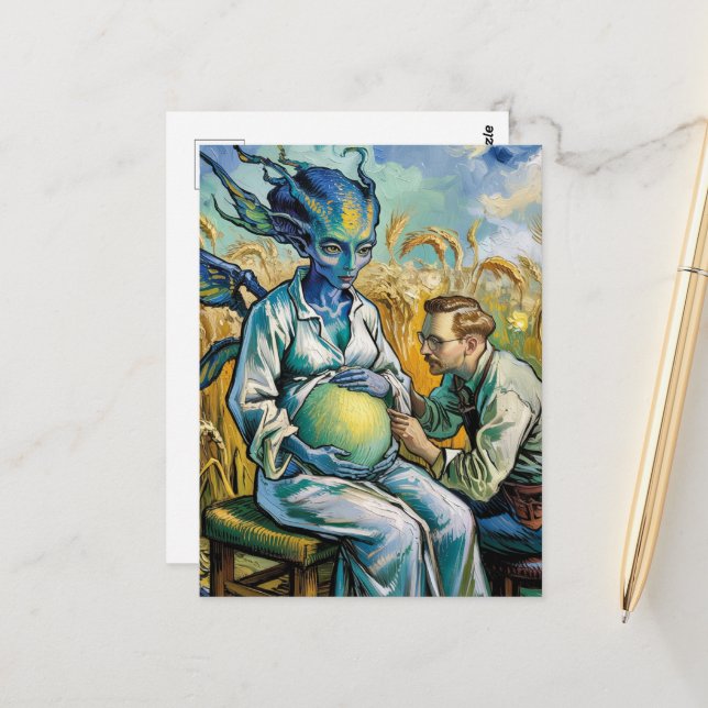 Carte Postale Visite d'un médecin Alien dans le champ de blé (Devant/Arrière en situation)