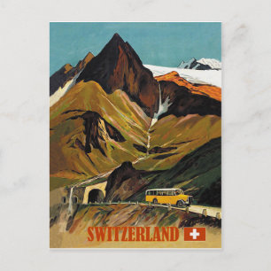Carte Postale Visite en bus en Suisse, voyage vintage