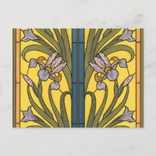 Carte Postale Vitrail Art Nouveau Fleur d'Iris Bleu Or