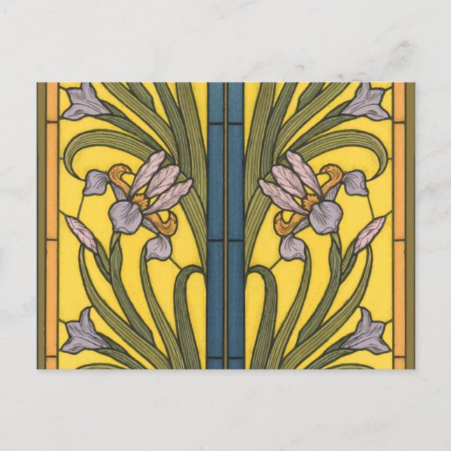 Carte Postale Vitrail Art Nouveau Fleur d'Iris Bleu Or (Devant)
