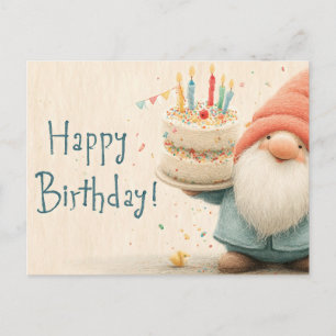 Carte Postale Vœu d'anniversaire fantaisiste : Gnome tenant un g