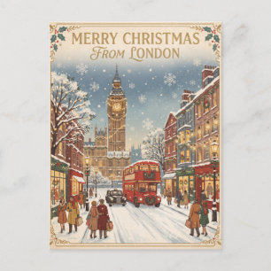 Carte Postale Vœu de Noël londonien enneigé de style vintage