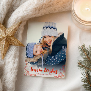Carte Postale Vœux chaleureux Feuillage Rouge Script Photo Noël