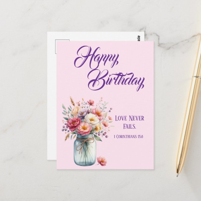 Carte Postale Voeux d'anniversaire chrétiens L'amour ne manque j (Devant/Arrière en situation)