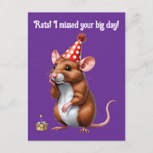 Carte Postale Vœux d'anniversaire tardifs avec un rat mignon
