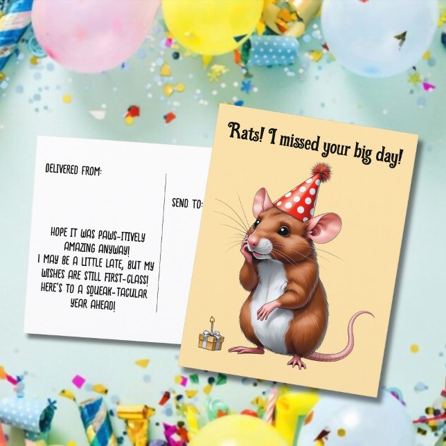 Carte Postale Vœux d'anniversaire tardifs avec un rat mignon (Créateur téléchargé)