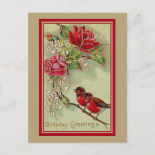 Carte Postale Voeux d'anniversaire vintages, robins, roses