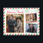 Carte Postale voeux de Noël Famille Photo Parties scintillant Ai<br><div class="desc">Une superbe parties scintillant de style vintage bordé de carte postale avec rayures rouges et vertes pour cette saison de vacances. Ajoutez vos photos de famille spéciales à l'avant et à l'arrière de cette carte postale. Un grand espace pour un message personnalisé à l'arrière avec de l'espace pour écrire les...</div>
