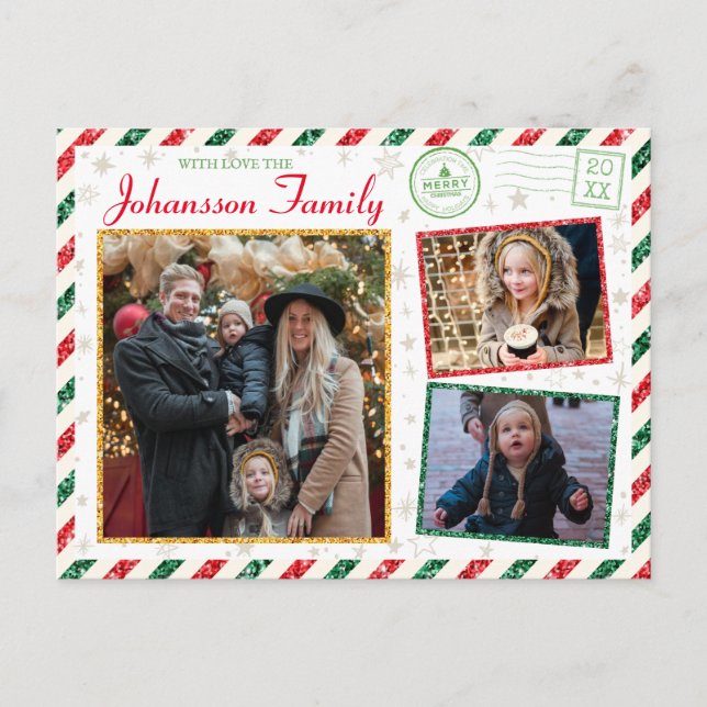 Carte Postale voeux de Noël Famille Photo Parties scintillant Ai (Devant)