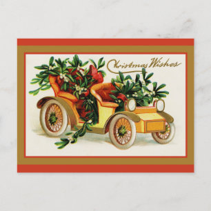Carte Postale Voeux de Noël Vintage Salutations Voiture antique