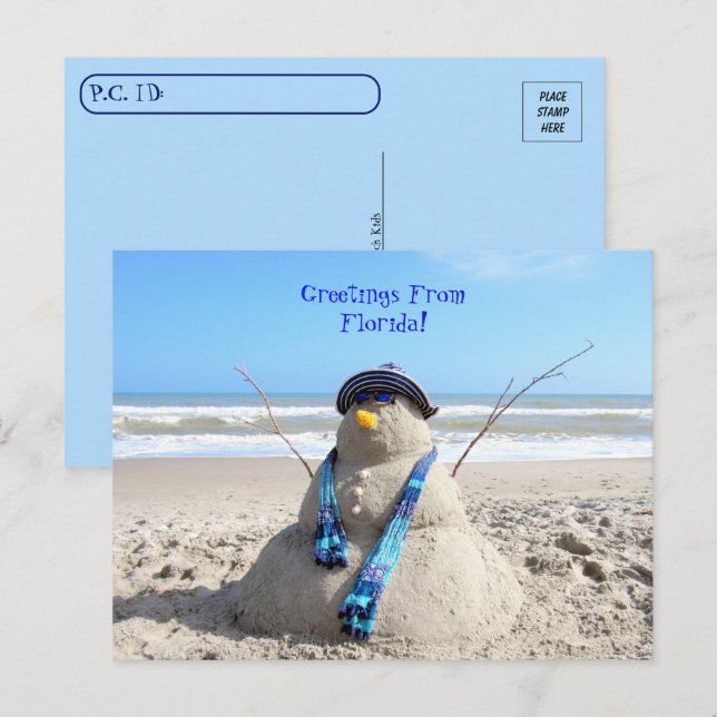 Carte Postale Voeux De Passage De Floride Beach Snowman (Devant / Derrière)