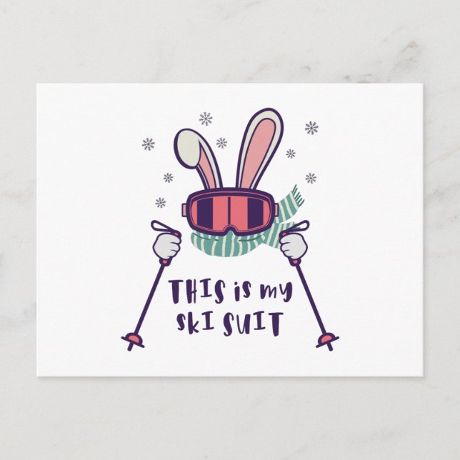 Carte Postale Voici mon Ski Suit Ski Rabbit avec des bâtons de s (Devant)
