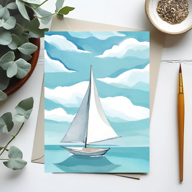 Carte Postale Voile dans le bleu | Vagues d'océan aquarelle aqua (Créateur téléchargé)