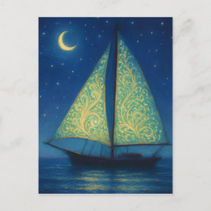Carte Postale Voilier au Clair de Lune - Peinture de Style Paste