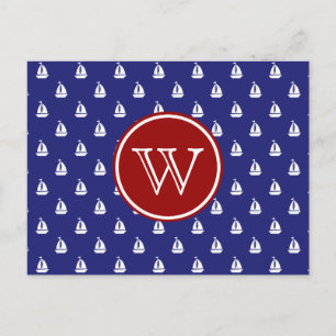 Carte Postale Voilier nautique en bleu avec Monogramme rouge