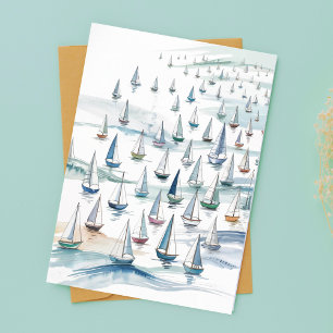 Carte Postale Voiliers à l'aquarelle en mer Station balnéaire na