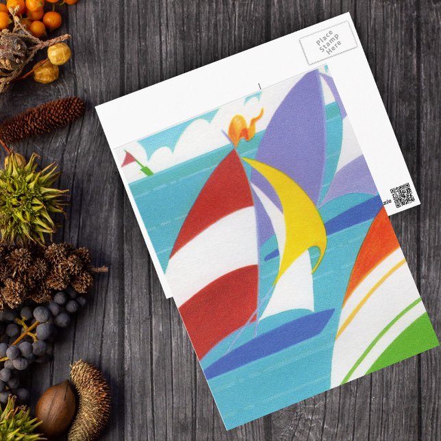 Carte Postale Voiliers colorés (Abstract colourful sailboats in blue lake sky clouds on postcard.)