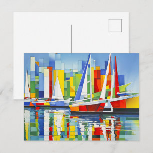 Carte Postale Voiliers cubistes dans un port coloré