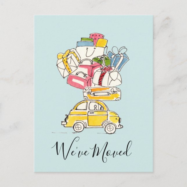 Carte Postale Voiture avec bagages de voyage Nous avons déménagé (Devant)