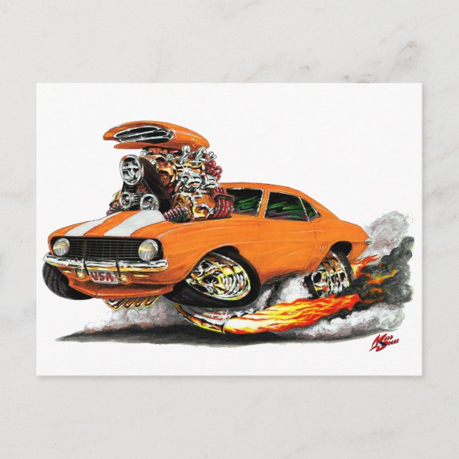 Carte Postale Voiture Camaro SS Orange-White 1969 (Devant)